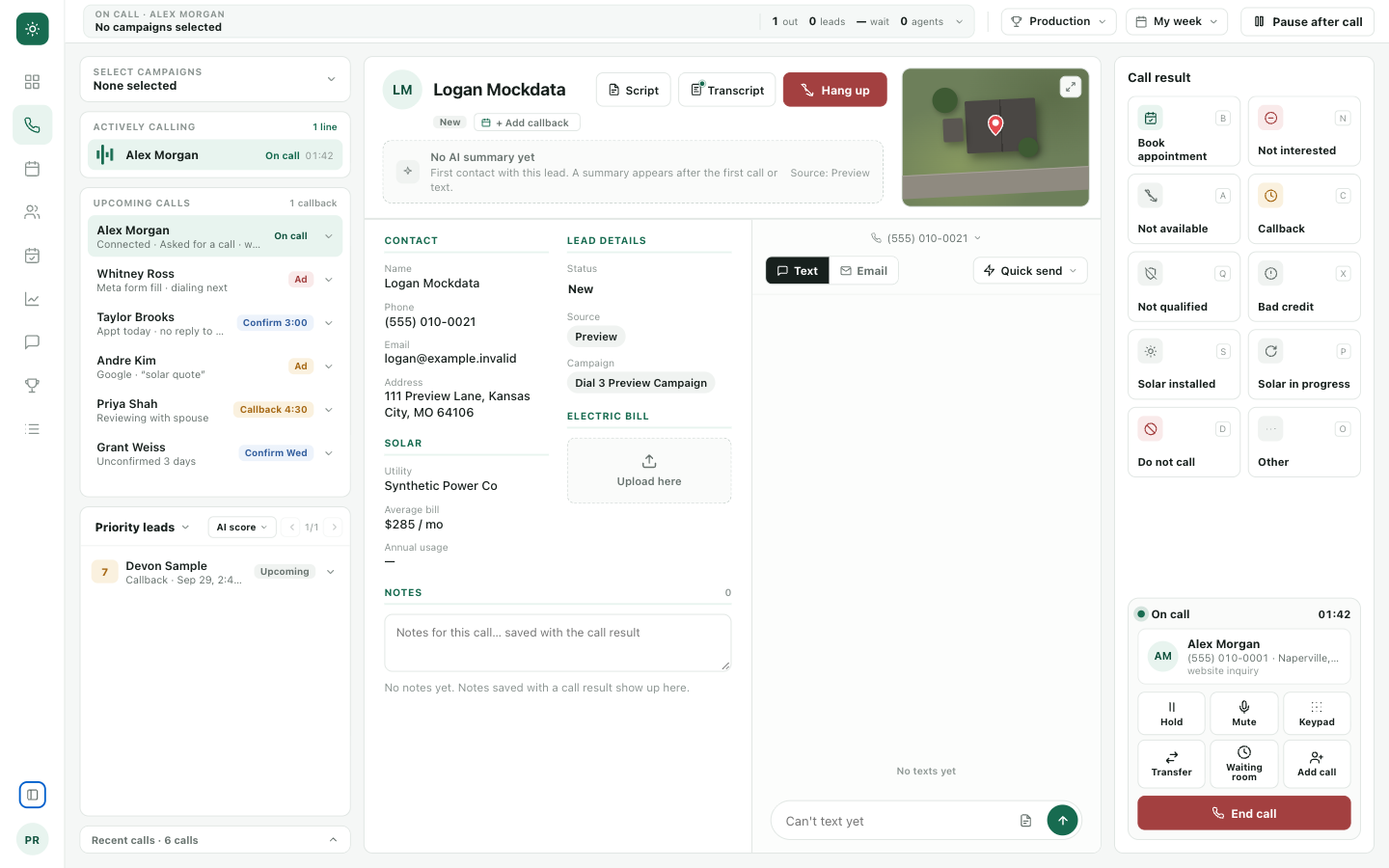Dialer workspace with sample lead details, calling tools, and appointment results