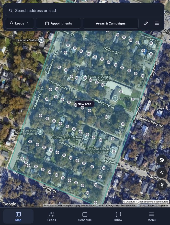 Solar Routes map showing a saved neighborhood area and individual home markers